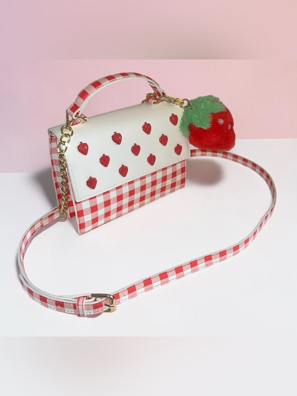 Betsey Johnson White & Red Gingham Strawberry Crossbody